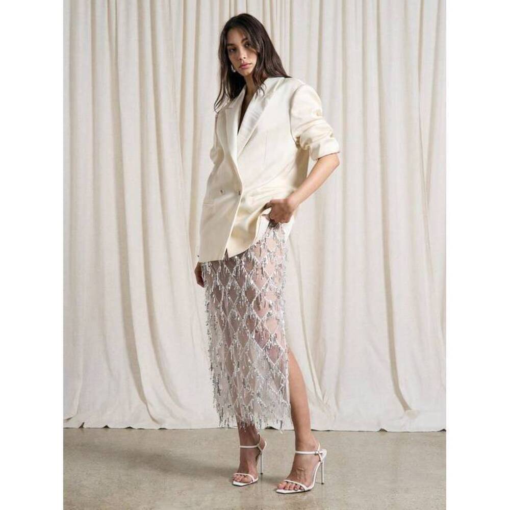 AiiRZ Embellished Pencil Maxi Skirt Wedding Reception Beaded Crystal Net Overlay - Picture 4 of 4